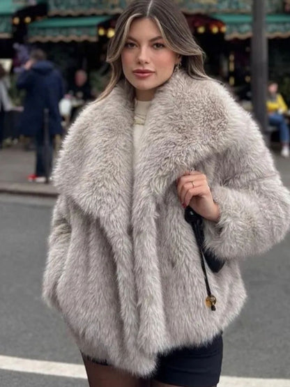Women's Winter Plush Lapel Coat – Warm Thick Fluffy Long Sleeve Jacket for Casual Fashion