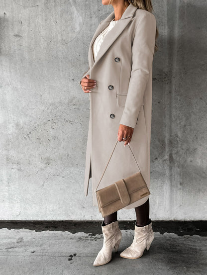 Slim Fit Double-Breasted Winter Coat for Women – Long Lapel Jacket with Long Sleeves