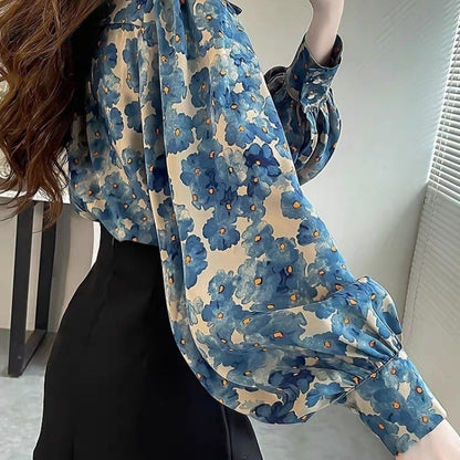 Elegant Floral Top for Women – Slim Fit Lantern Sleeve Blouse for a Chic Look