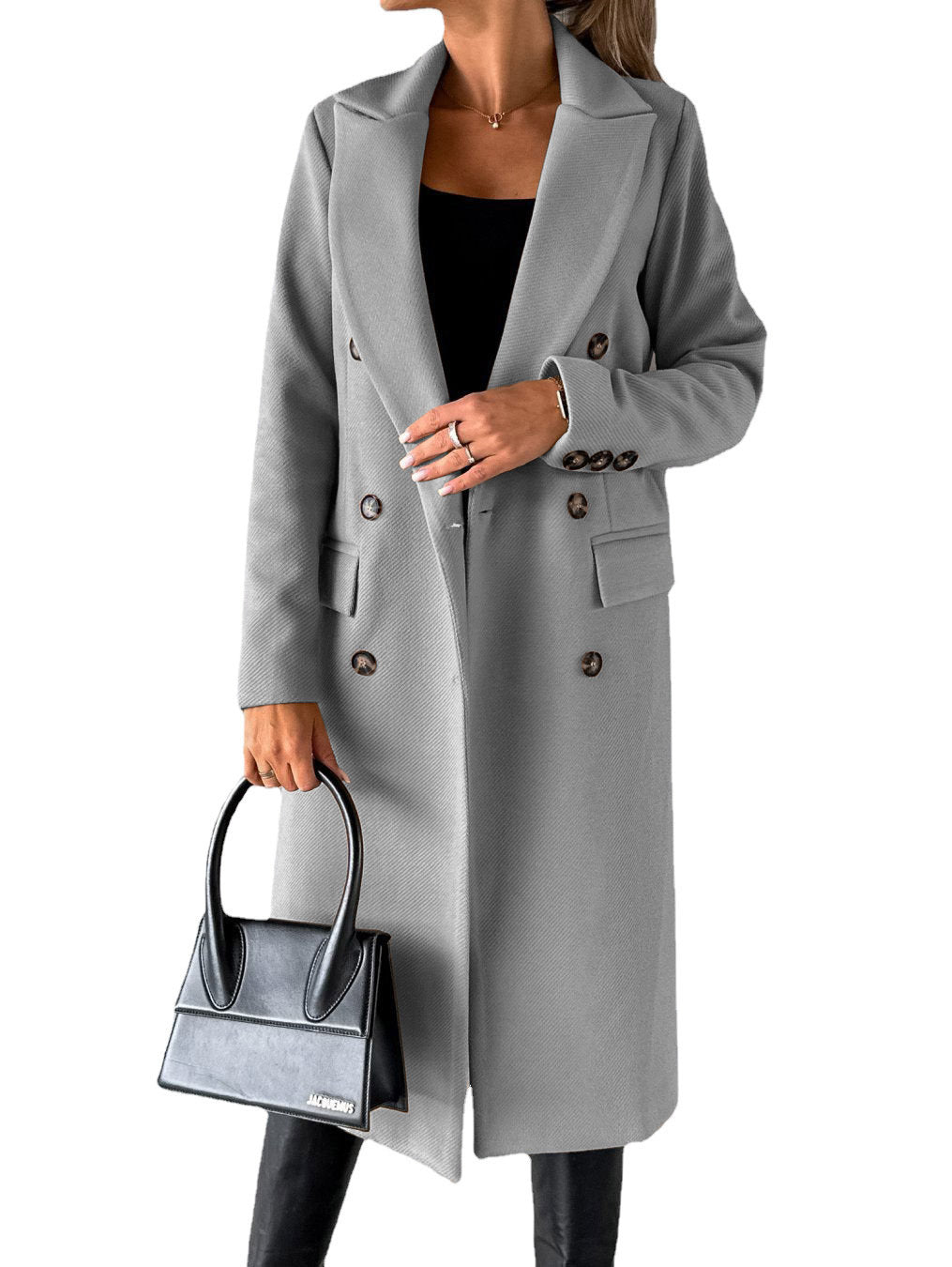 Slim Fit Double-Breasted Winter Coat for Women – Long Lapel Jacket with Long Sleeves