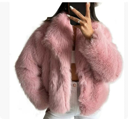 Women's Winter Plush Lapel Coat – Warm Thick Fluffy Long Sleeve Jacket for Casual Fashion