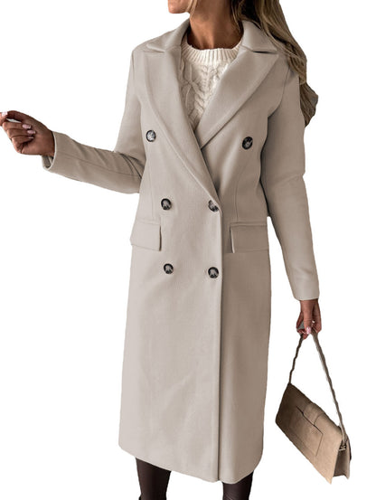 Slim Fit Double-Breasted Winter Coat for Women – Long Lapel Jacket with Long Sleeves
