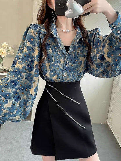 Elegant Floral Top for Women – Slim Fit Lantern Sleeve Blouse for a Chic Look