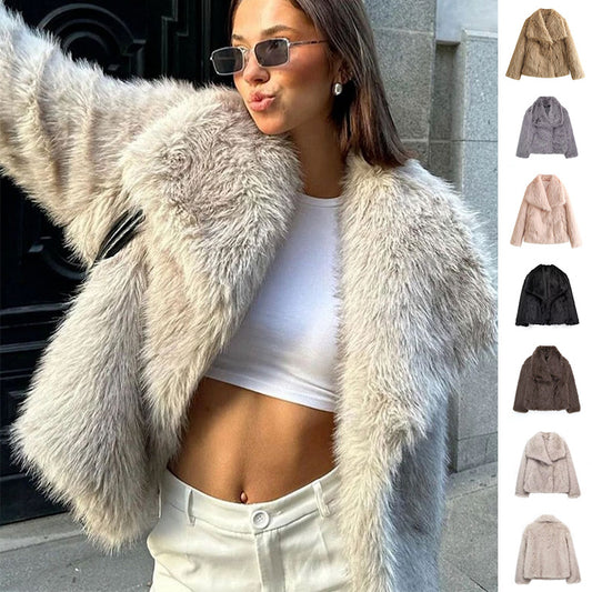Women's Winter Plush Lapel Coat – Warm Thick Fluffy Long Sleeve Jacket for Casual Fashion