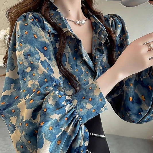Elegant Floral Top for Women – Slim Fit Lantern Sleeve Blouse for a Chic Look