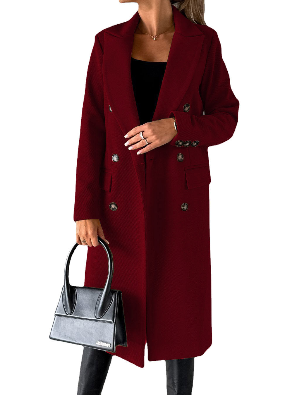 Slim Fit Double-Breasted Winter Coat for Women – Long Lapel Jacket with Long Sleeves