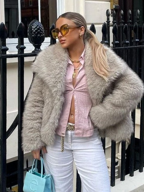 Women's Winter Plush Lapel Coat – Warm Thick Fluffy Long Sleeve Jacket for Casual Fashion