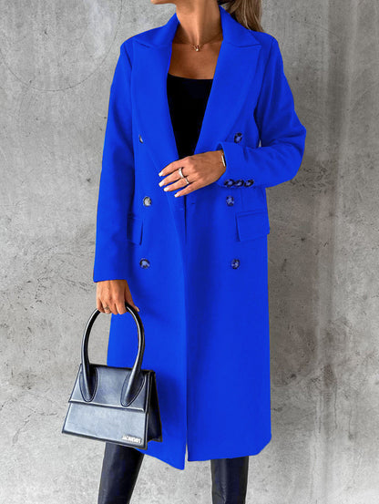 Slim Fit Double-Breasted Winter Coat for Women – Long Lapel Jacket with Long Sleeves