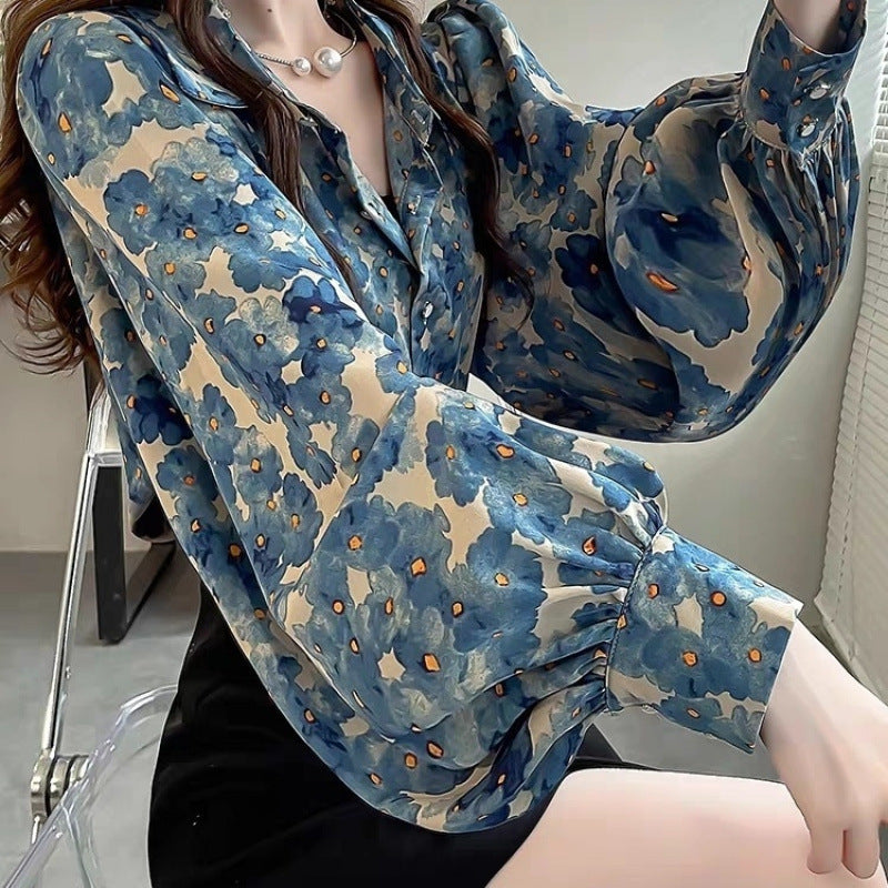 Elegant Floral Top for Women – Slim Fit Lantern Sleeve Blouse for a Chic Look