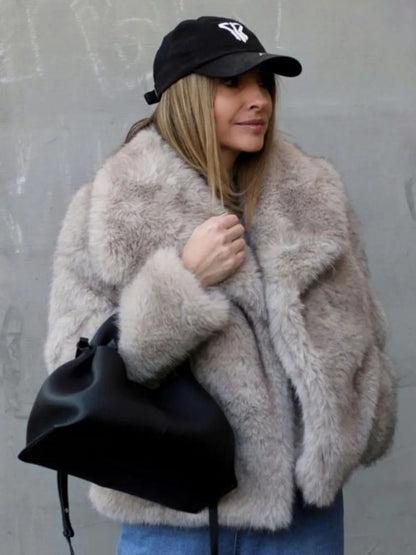 Women's Winter Plush Lapel Coat – Warm Thick Fluffy Long Sleeve Jacket for Casual Fashion
