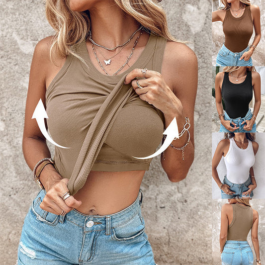 Women's Summer Sleeveless Tank Top with Built-In Bra – Solid Color Round Neck Vest