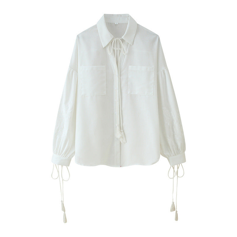 Women's Cotton And Linen Tassel Lace-up Embroidered Shirt Embroidered Trousers