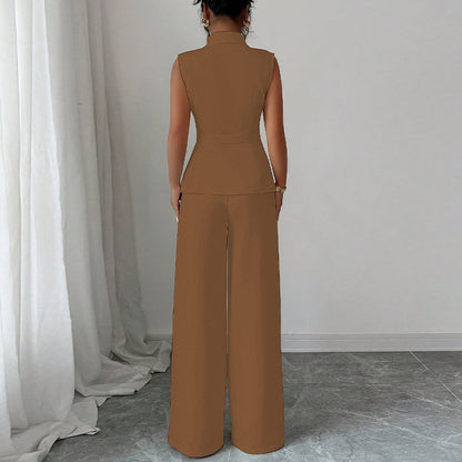 Solid Color Vest Straight-leg Trousers Suit For Women