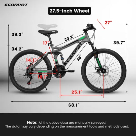 27.5 Inch Full Suspension Mountain Bike, Front And Rear Dual Shock Absorbers, Mechanical Disc Brakes, 21-Speed, Suitable For Men And Women, Ideal For Travel And Fitness Enthusiasts