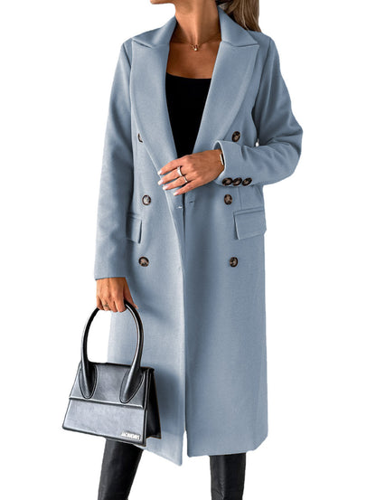 Slim Fit Double-Breasted Winter Coat for Women – Long Lapel Jacket with Long Sleeves