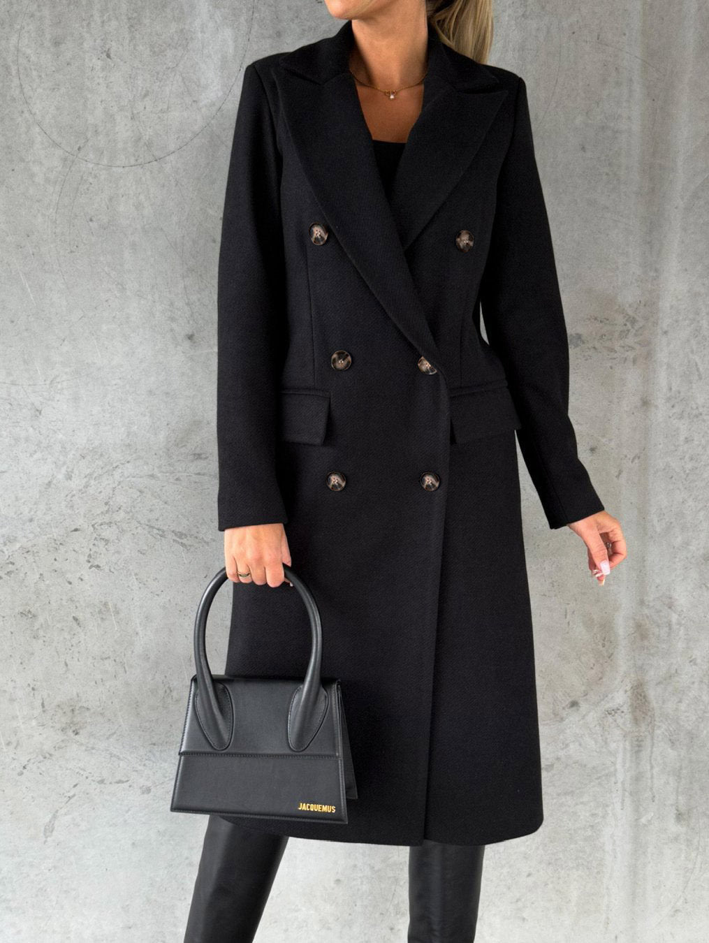 Slim Fit Double-Breasted Winter Coat for Women – Long Lapel Jacket with Long Sleeves