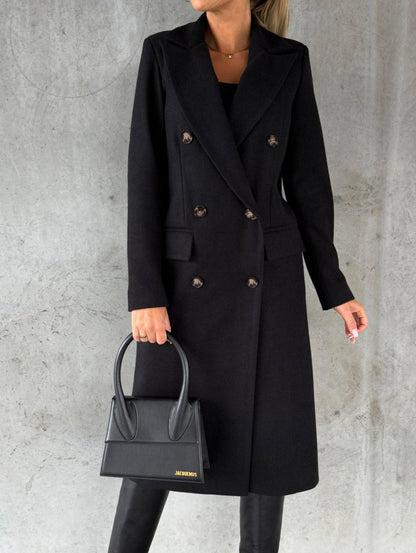 Slim Fit Double-Breasted Winter Coat for Women – Long Lapel Jacket with Long Sleeves