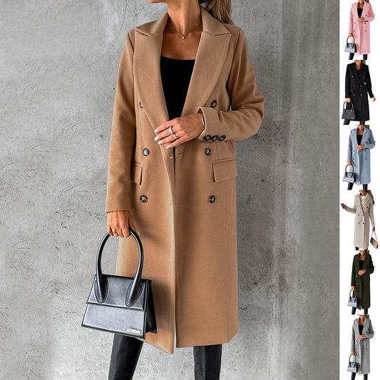 Slim Fit Double-Breasted Winter Coat for Women – Long Lapel Jacket with Long Sleeves