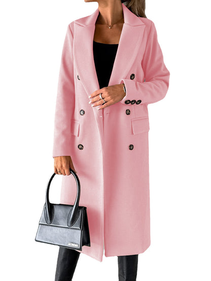 Slim Fit Double-Breasted Winter Coat for Women – Long Lapel Jacket with Long Sleeves