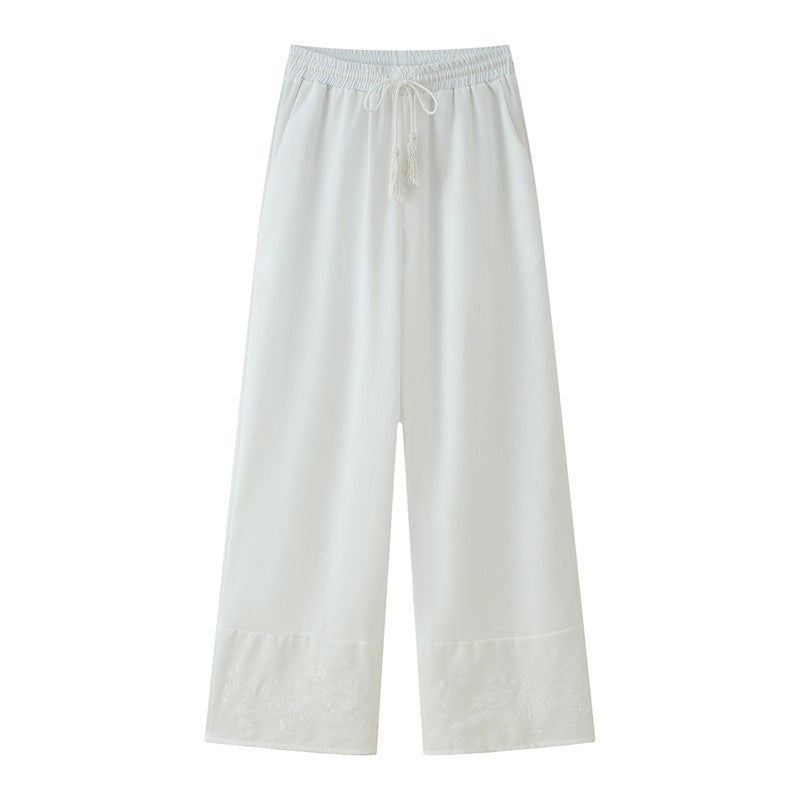 Women's Cotton And Linen Tassel Lace-up Embroidered Shirt Embroidered Trousers