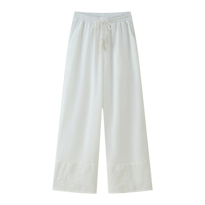 Women's Cotton And Linen Tassel Lace-up Embroidered Shirt Embroidered Trousers