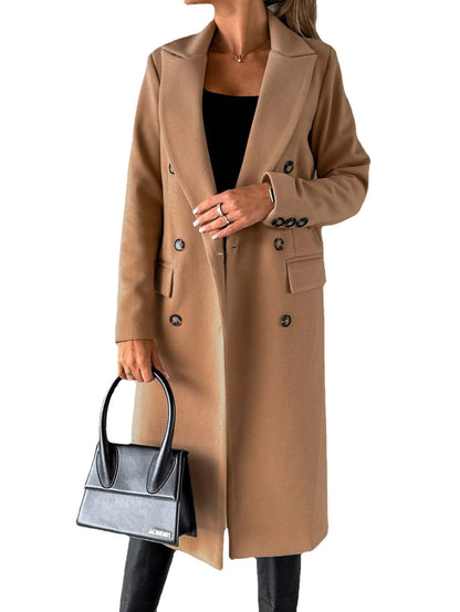 Slim Fit Double-Breasted Winter Coat for Women – Long Lapel Jacket with Long Sleeves