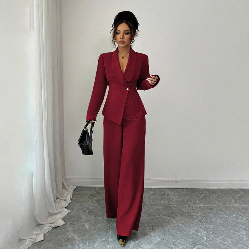 Women's Long-sleeved Suit Jacket Straight-leg Pants Top And Bottom